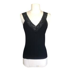 Vintage Michelle Nicole Feminine Black Ribbed V-Neck Sweater Small Lace Trim